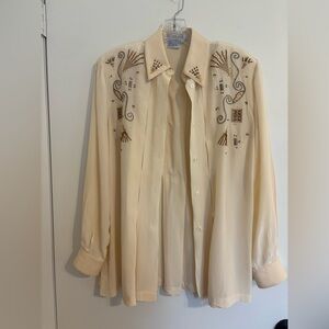Vintage 80’s Cream Embroidered and beaded 100% silk Long-Sleeve Button-Down